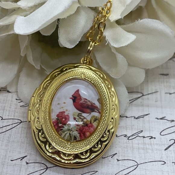 Gold Red Bird Cardinal Memorial Jewelry Locket Necklace Pendant Wedding spring - Picture 4 of 9